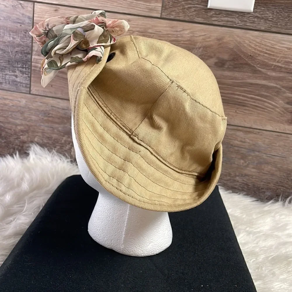 Cotton Hat with Floral Scarf Attached Bow, Ladies Size Large, Tan